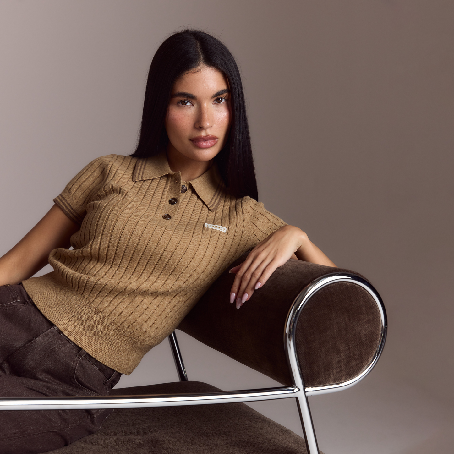 Knitted Polo Top - Tan