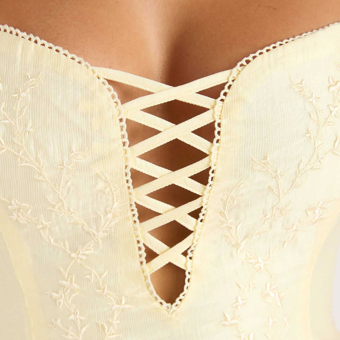 Embroidered Lace-Up Maxi Dress - Lemon