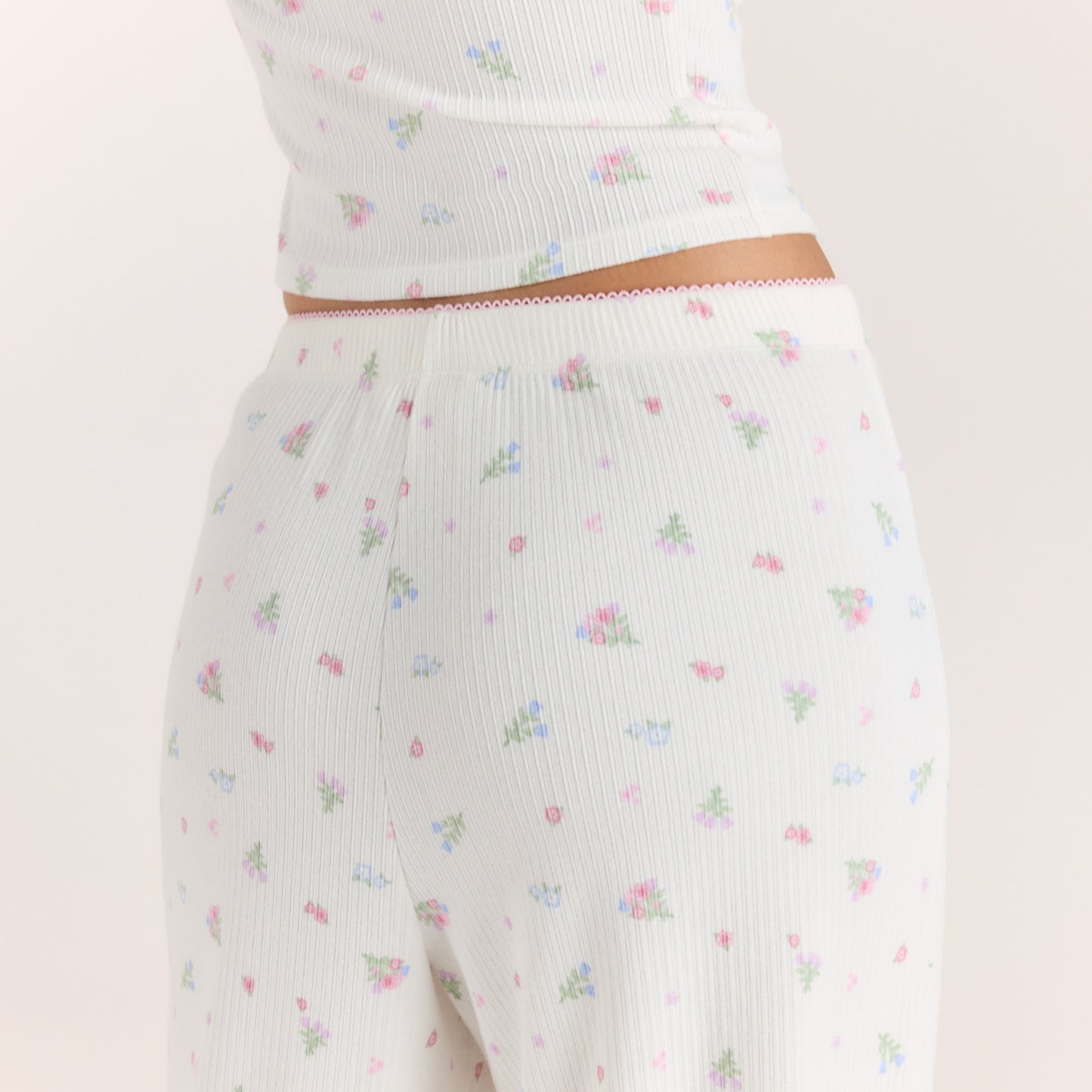 Ribbed Pajama Pants - White Floral