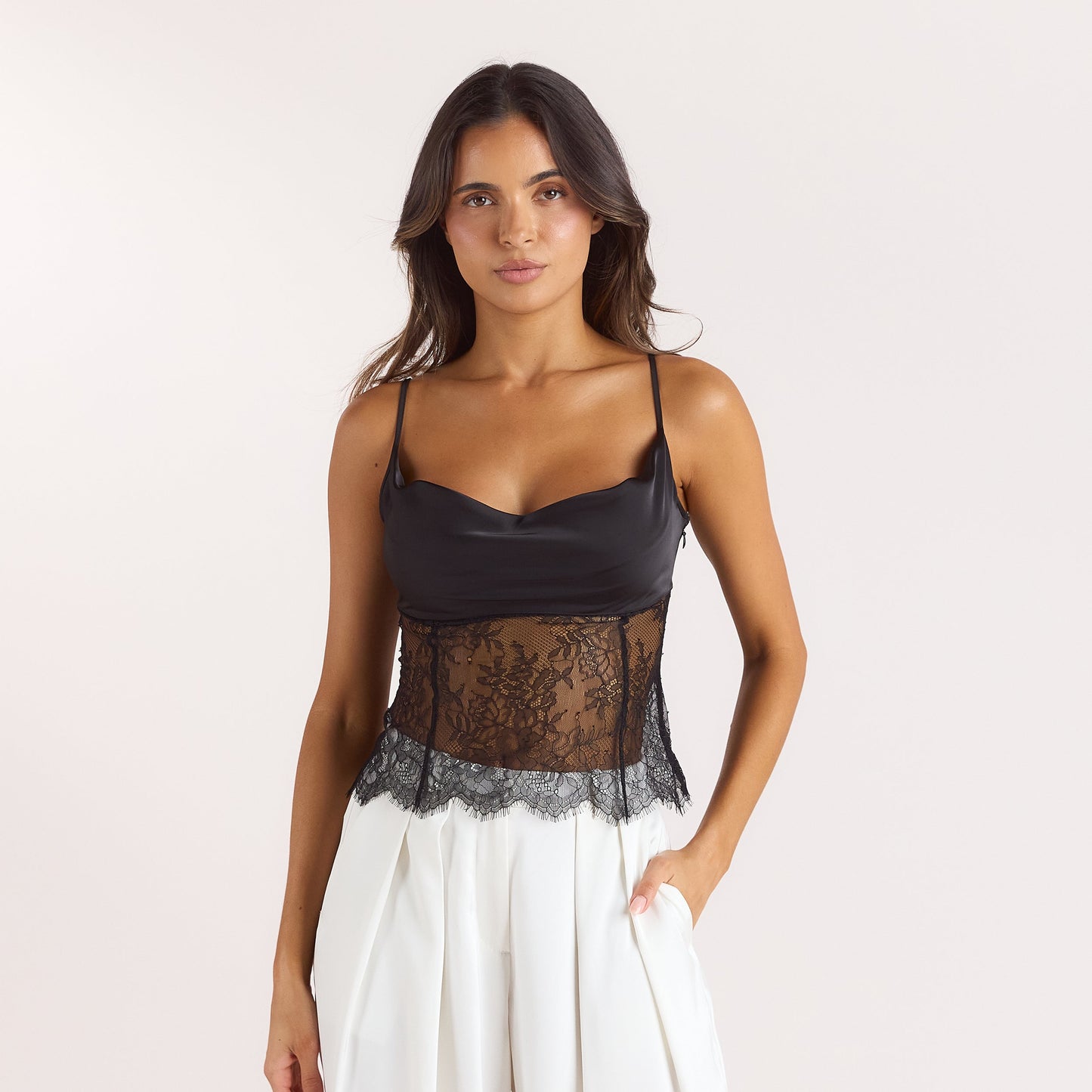 Satin Cowl-Neck Cami Top - Black