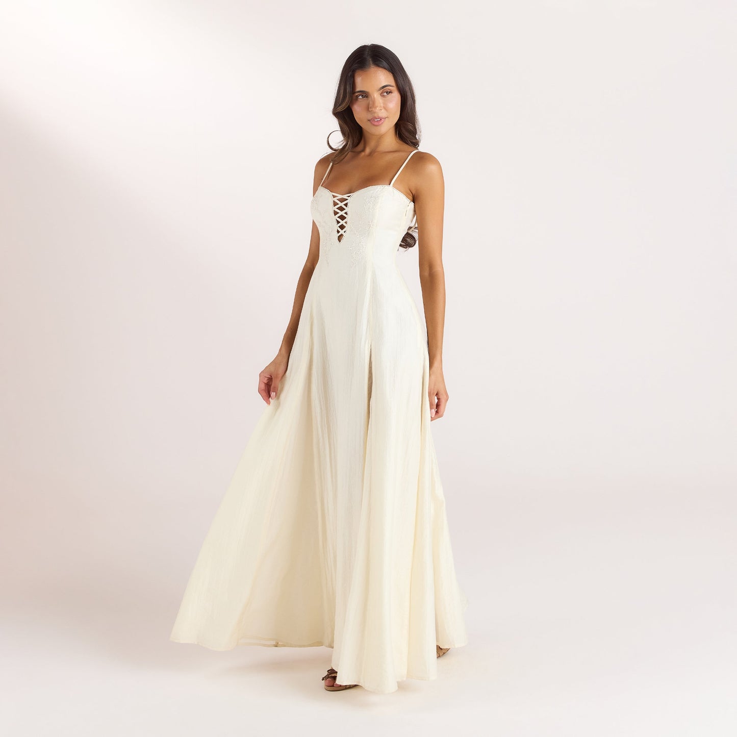 Embroidered Lace-Up Maxi Dress - Buttercream