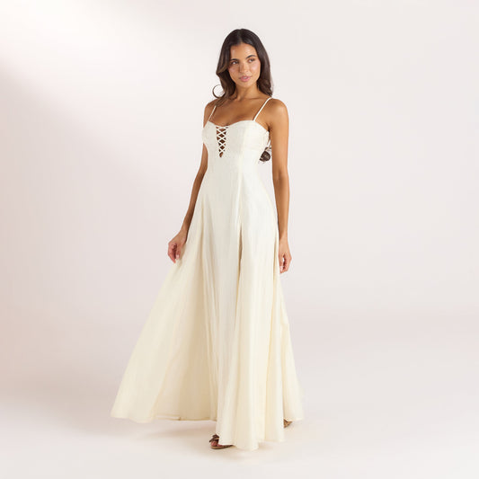 Embroidered Lace-Up Maxi Dress - Buttercream