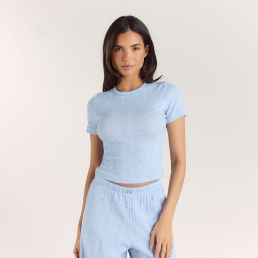 Pointelle Fitted Pajama Top - Blue Floral