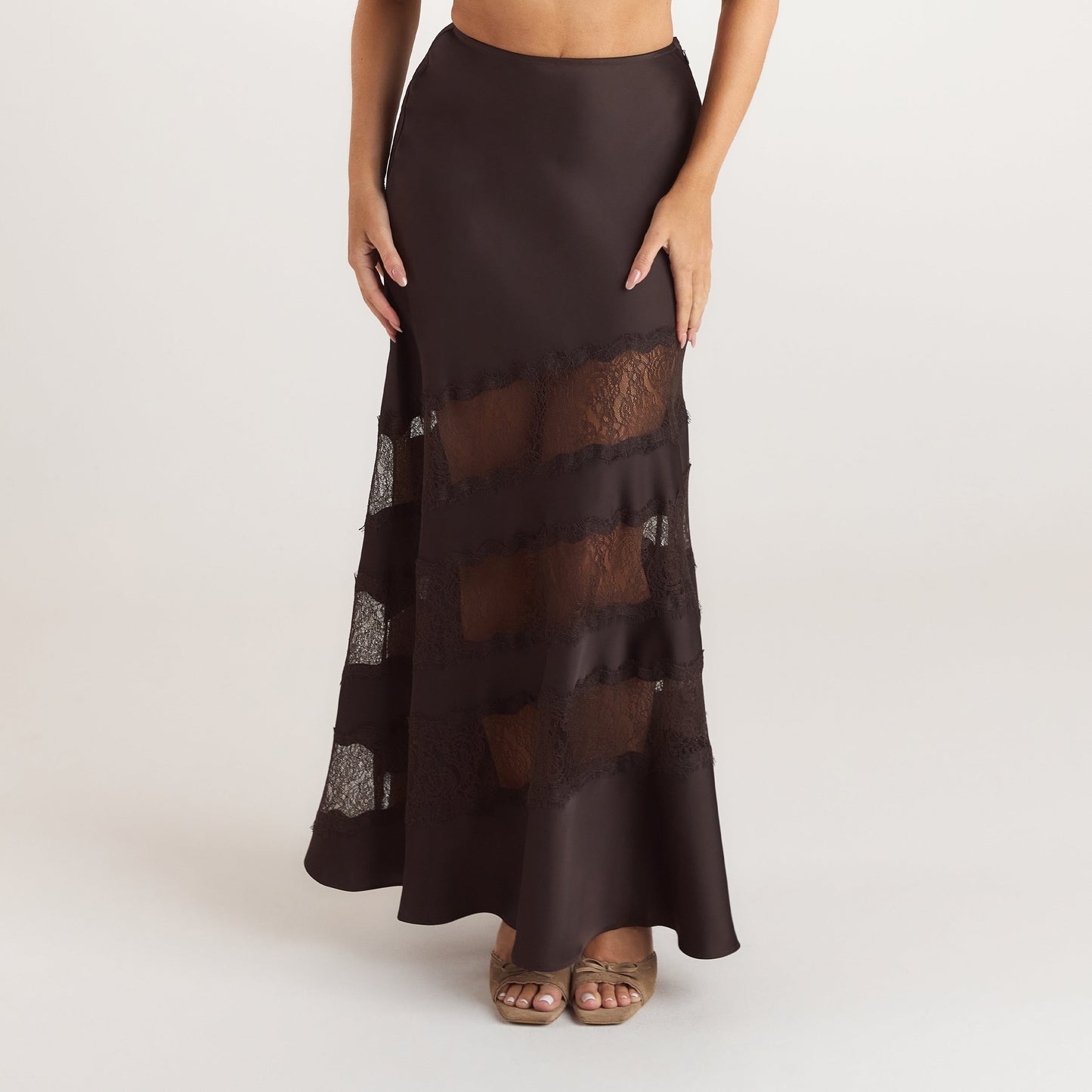 Lace Trim Maxi Skirt - Chocolate