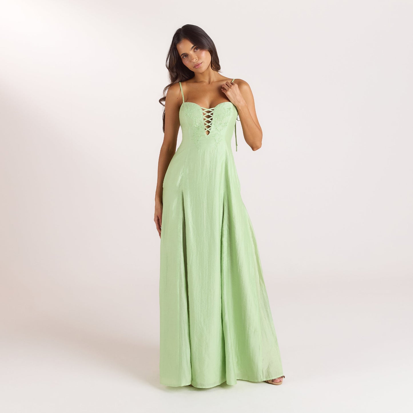 Embroidered Lace-Up Maxi Dress - Green