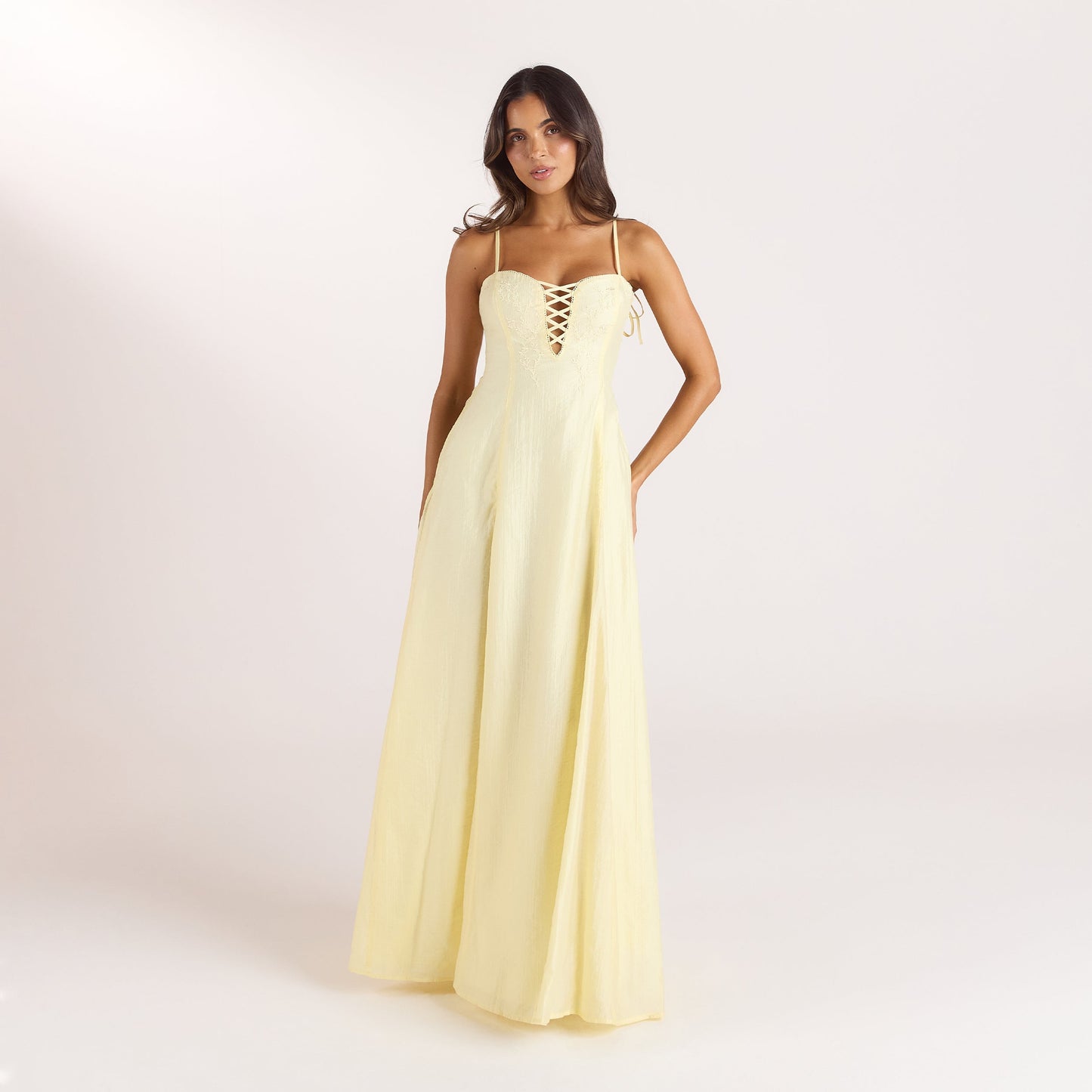 Embroidered Lace-Up Maxi Dress - Lemon