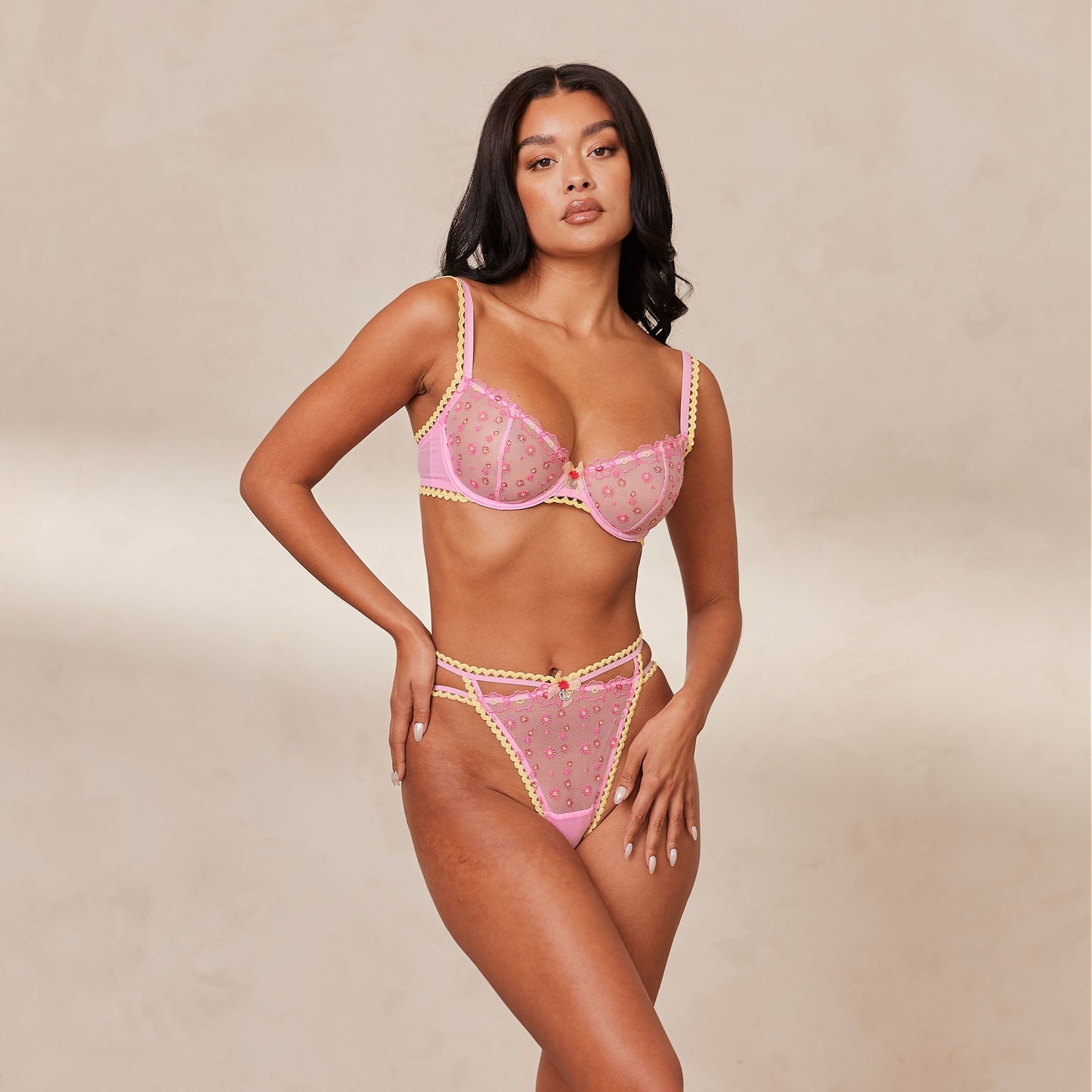 Daisy Embroidered Balcony Bra  - Pink