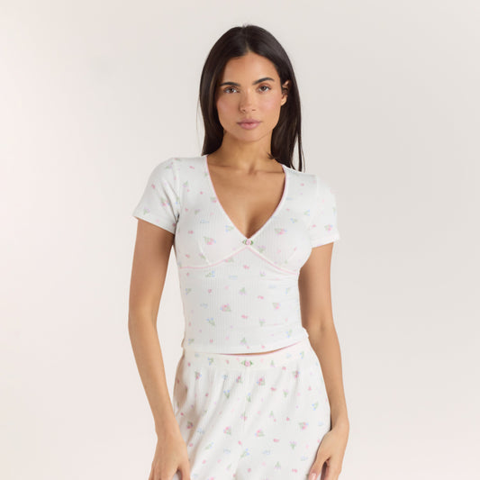 Ribbed Short-Sleeve Pajama Top - White Floral