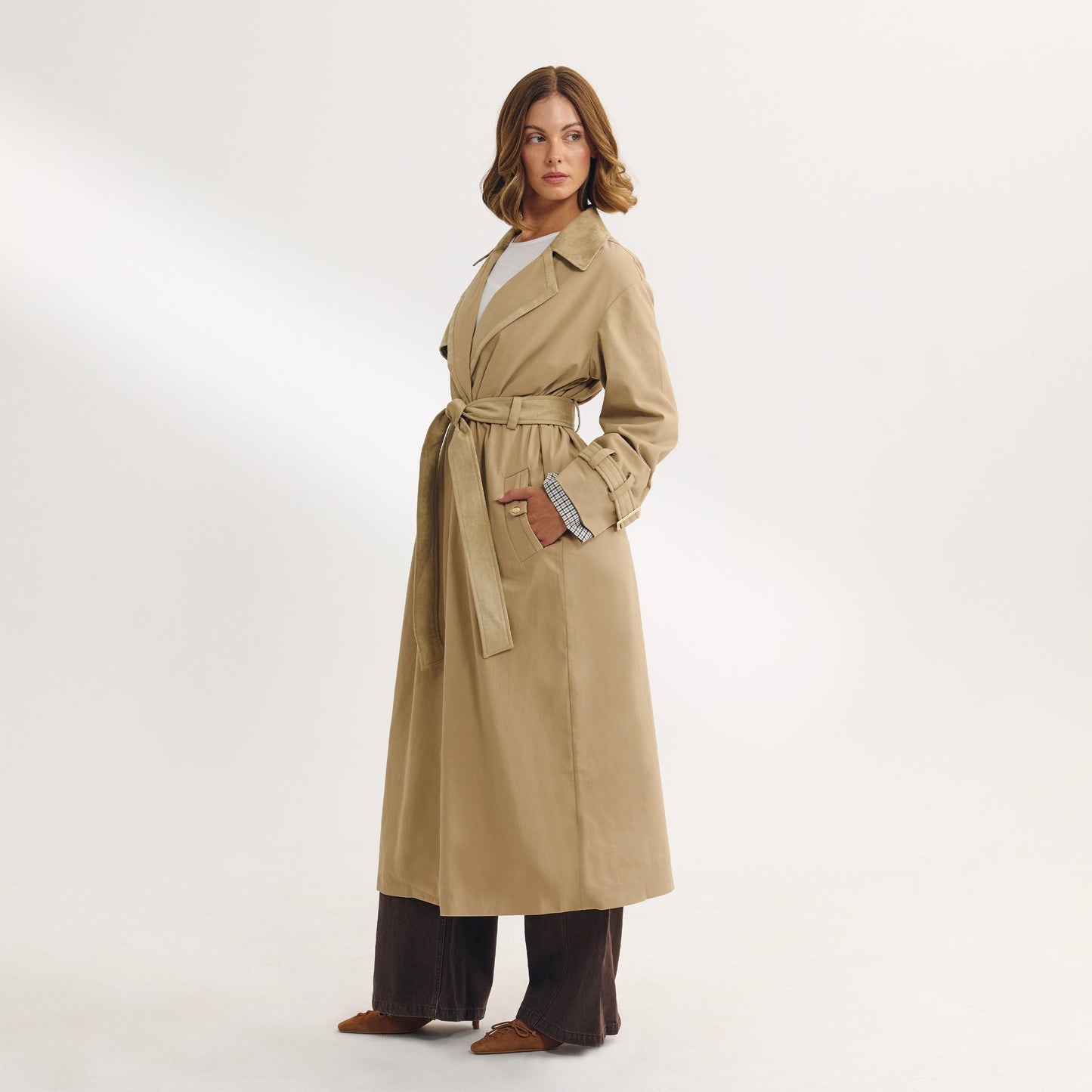 Suedette Trim Trench Coat - Sand