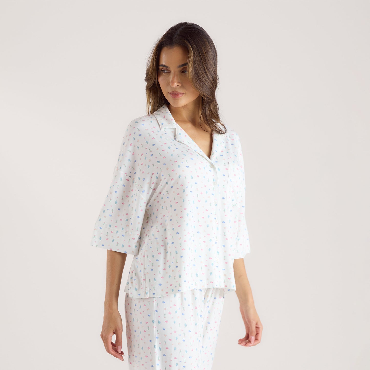 Modal Short Sleeve Pajama Shirt - White Floral