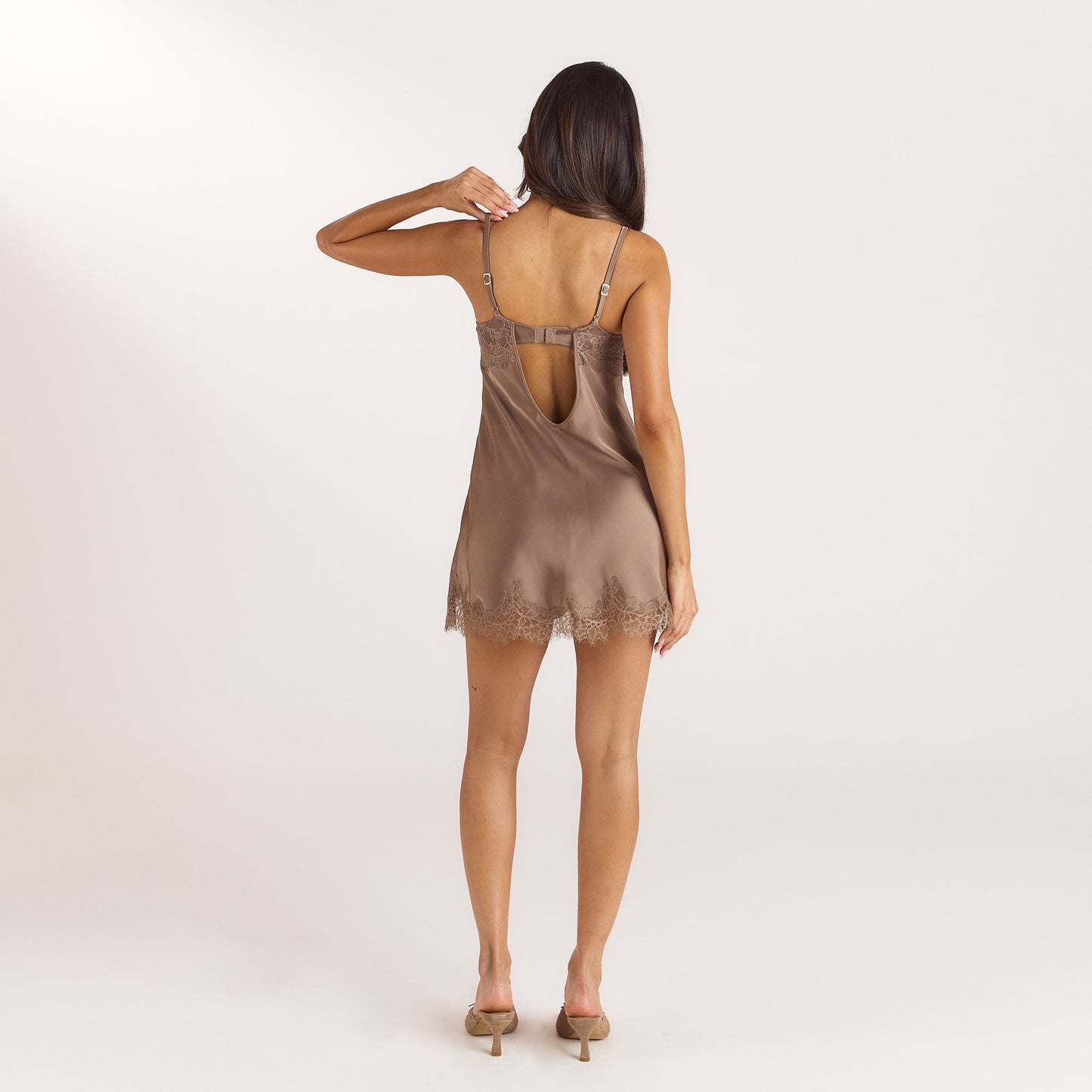 Satin Lace Mini Dress - Mocha