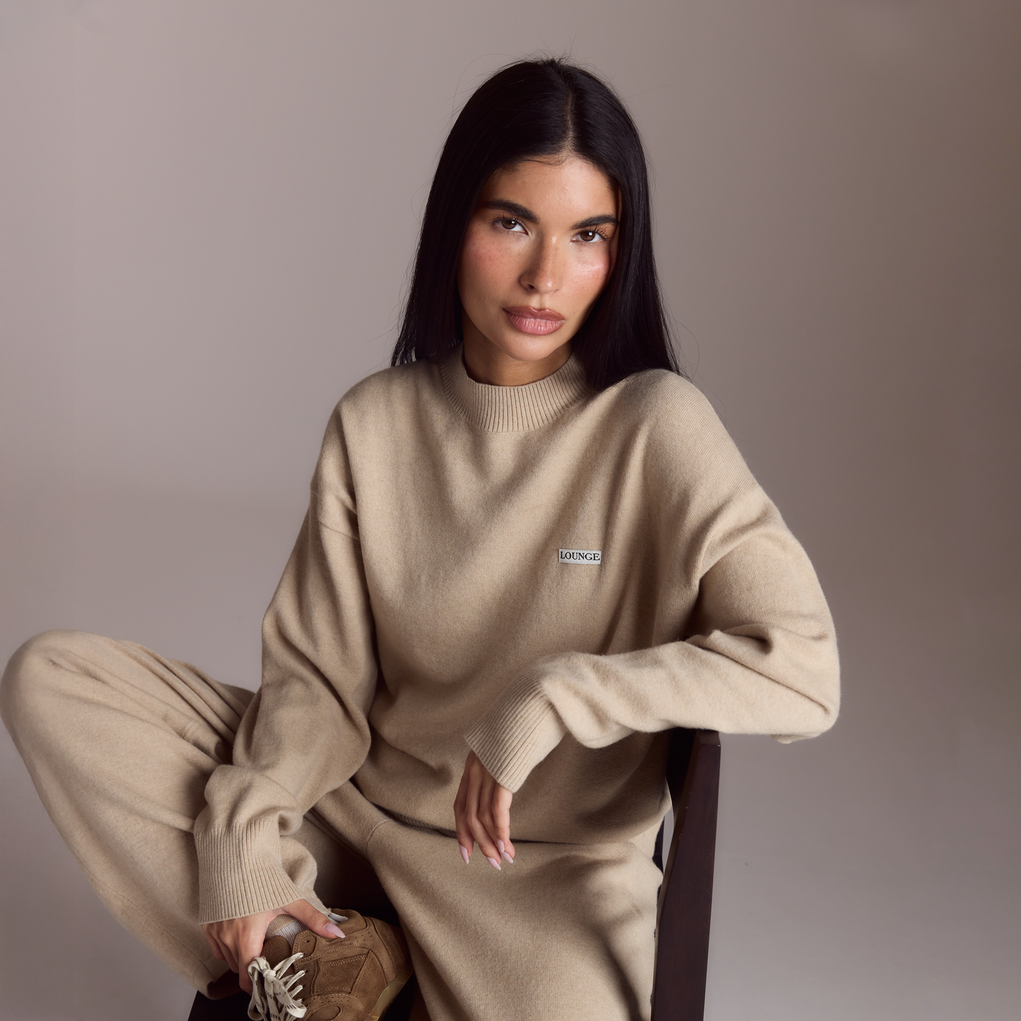 Cuffed Crew Neck Knitted Jumper - Oatmeal Marl
