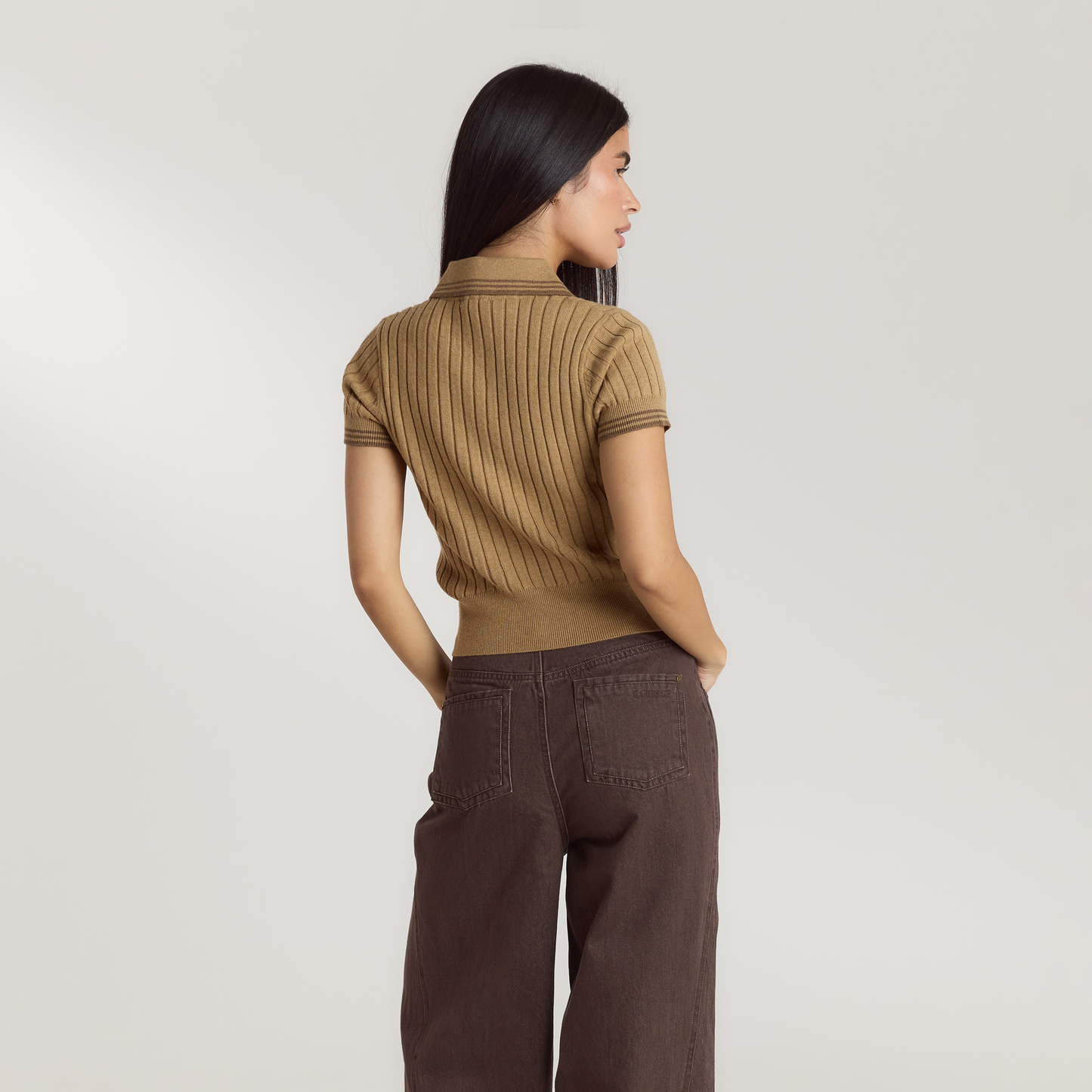Knitted Polo Top - Tan