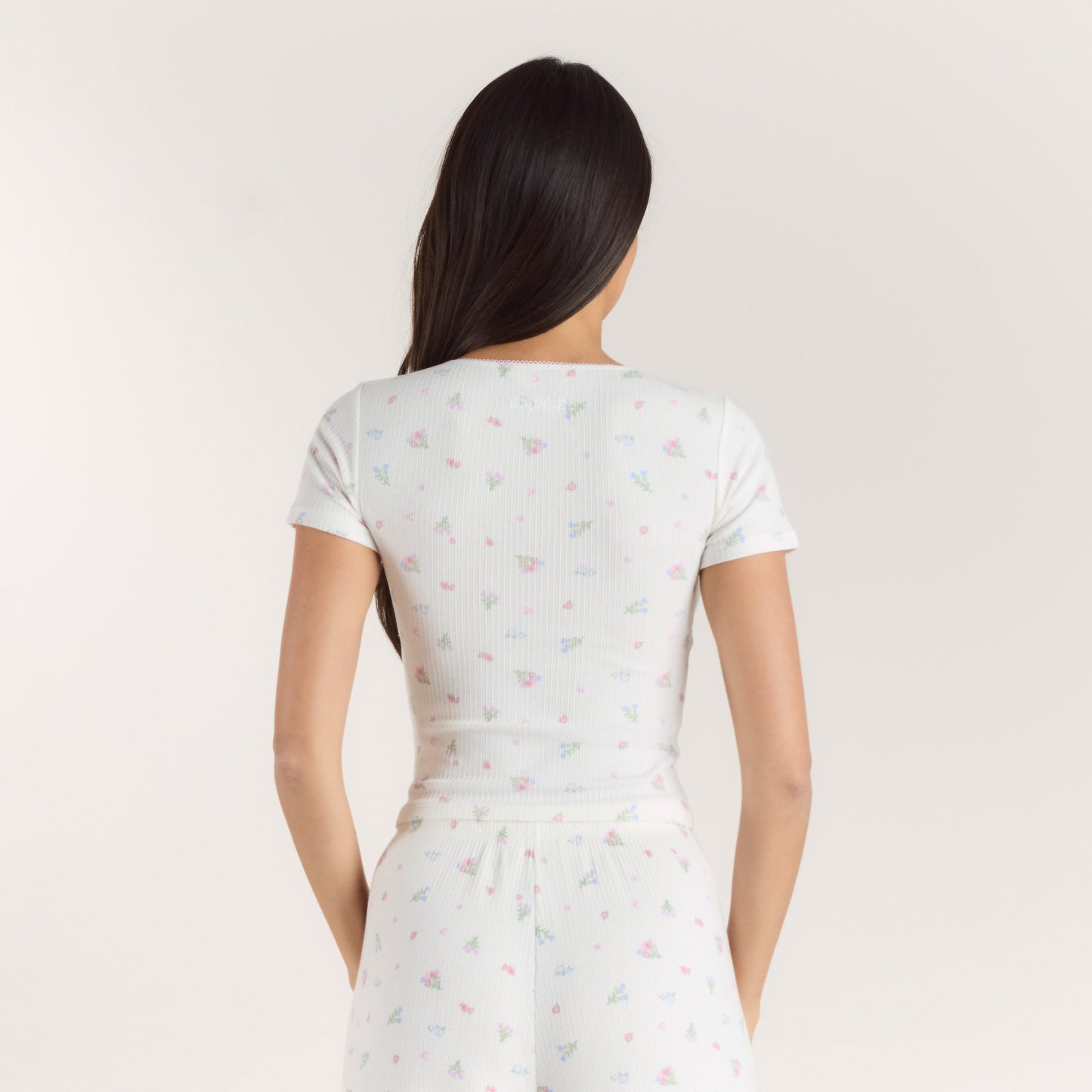 Ribbed Short-Sleeve Pajama Top - White Floral
