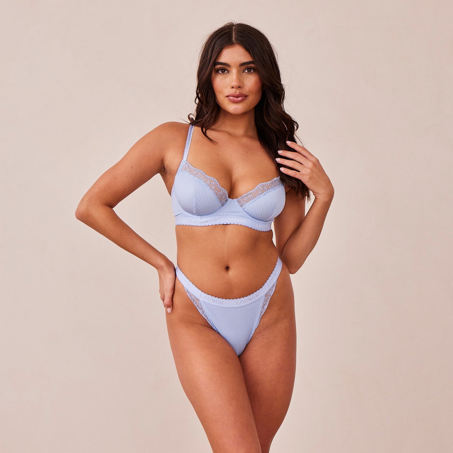 Ribbed Balcony Bra  - Blue