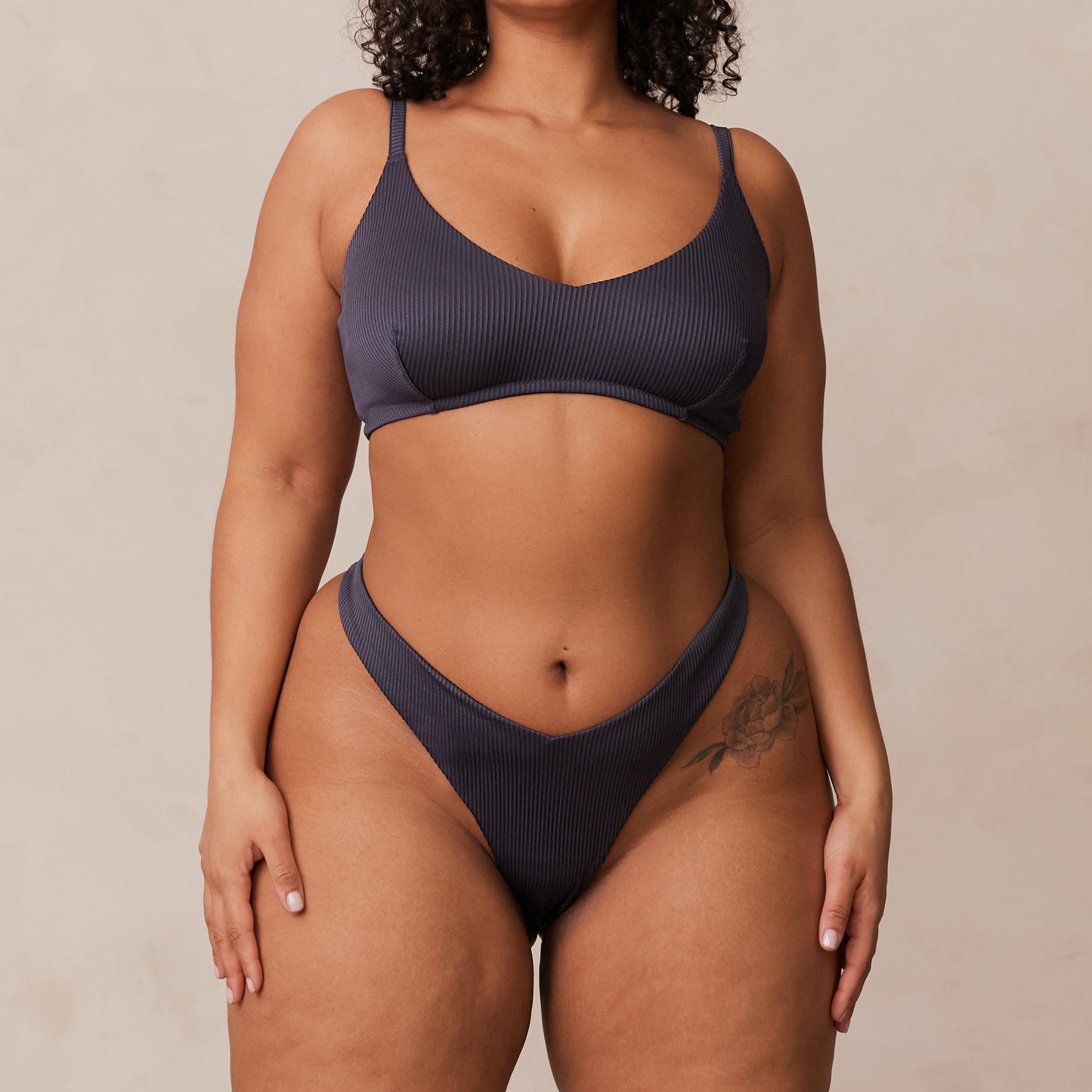 Ribbed Triangle Bra  - Charcoal Blue