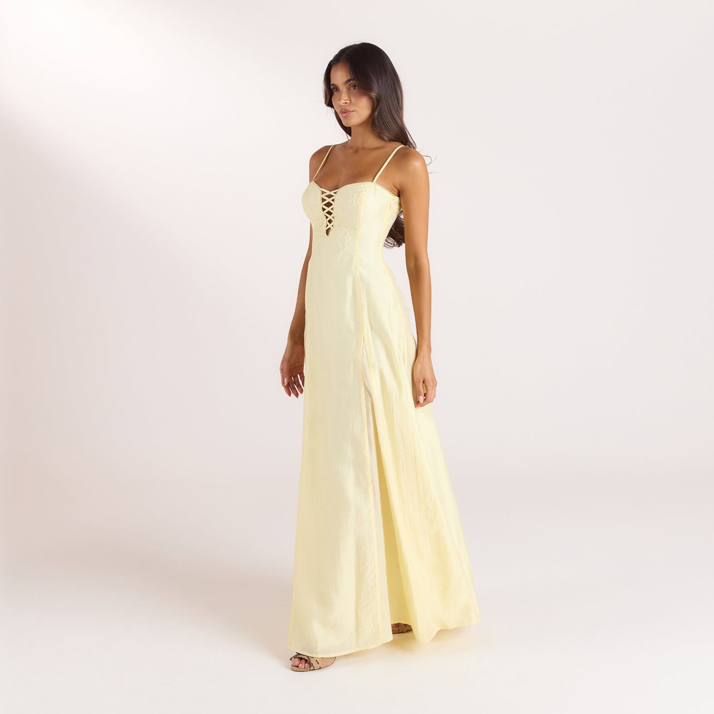 Embroidered Lace-Up Maxi Dress - Lemon