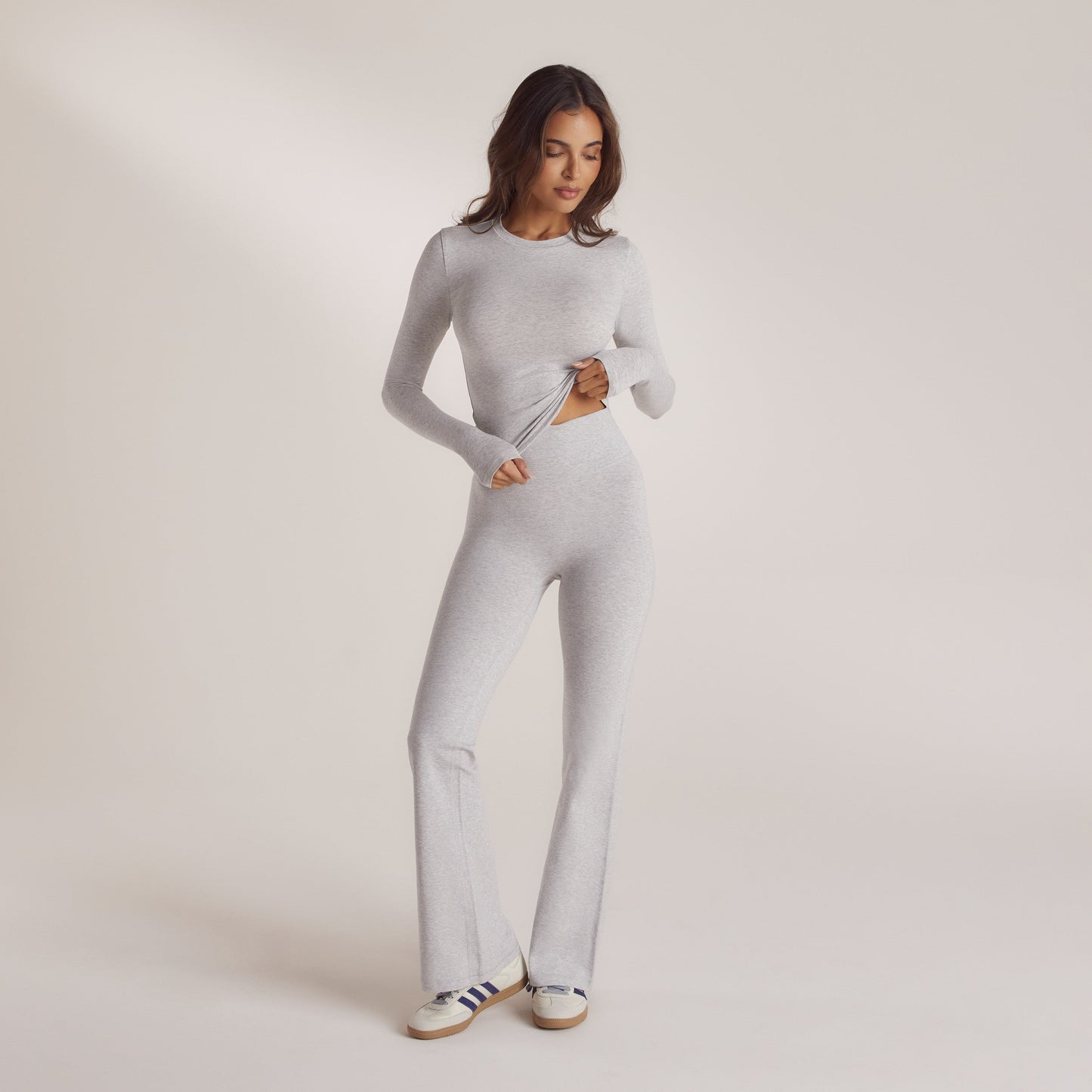 Cotton Blend Long Sleeve Top - Grey Marl