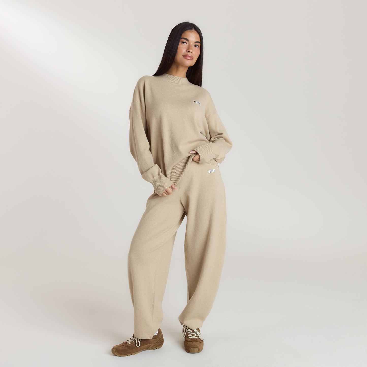 Barrel Leg Knitted Joggers - Oatmeal Marl