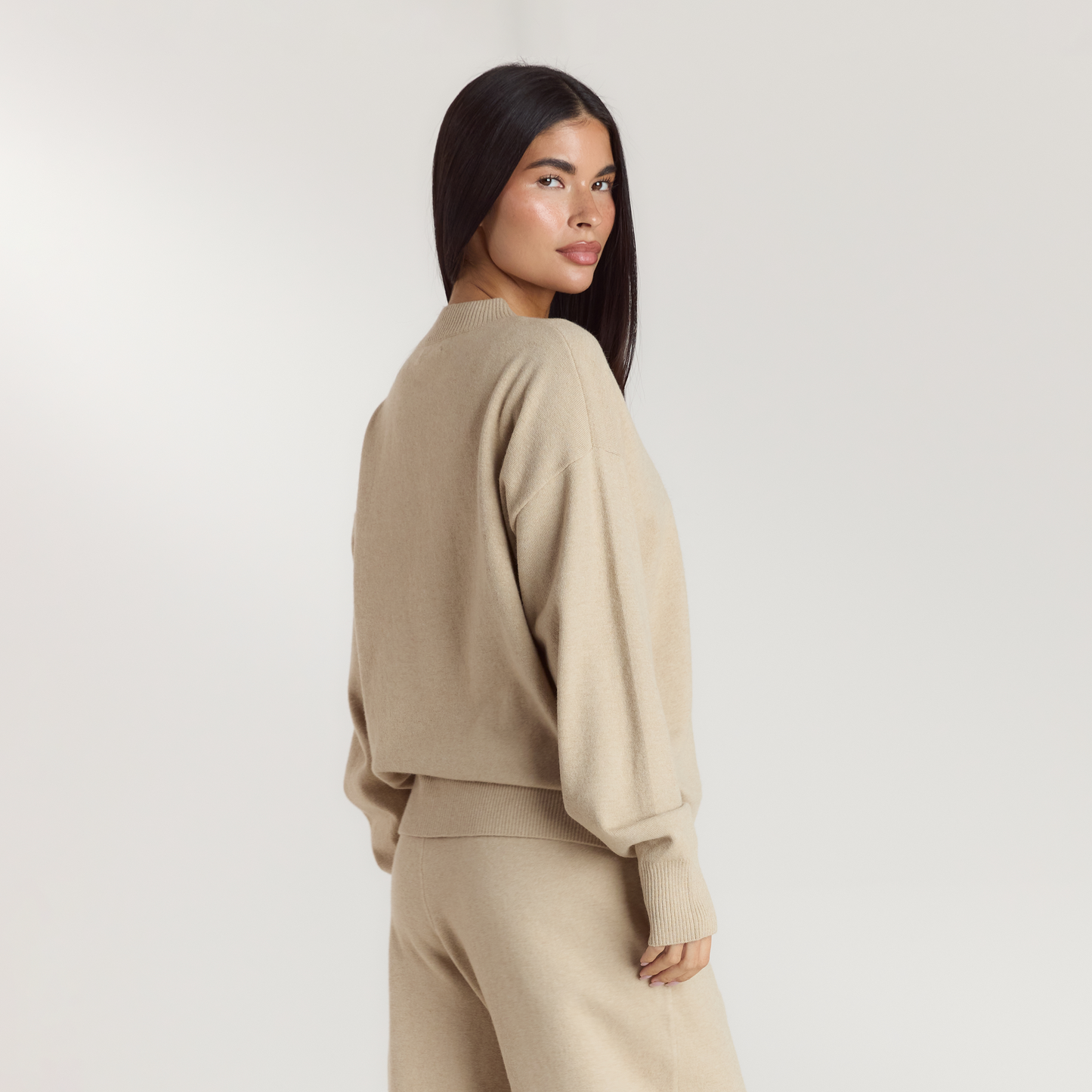 Cuffed Crew Neck Knitted Jumper - Oatmeal Marl