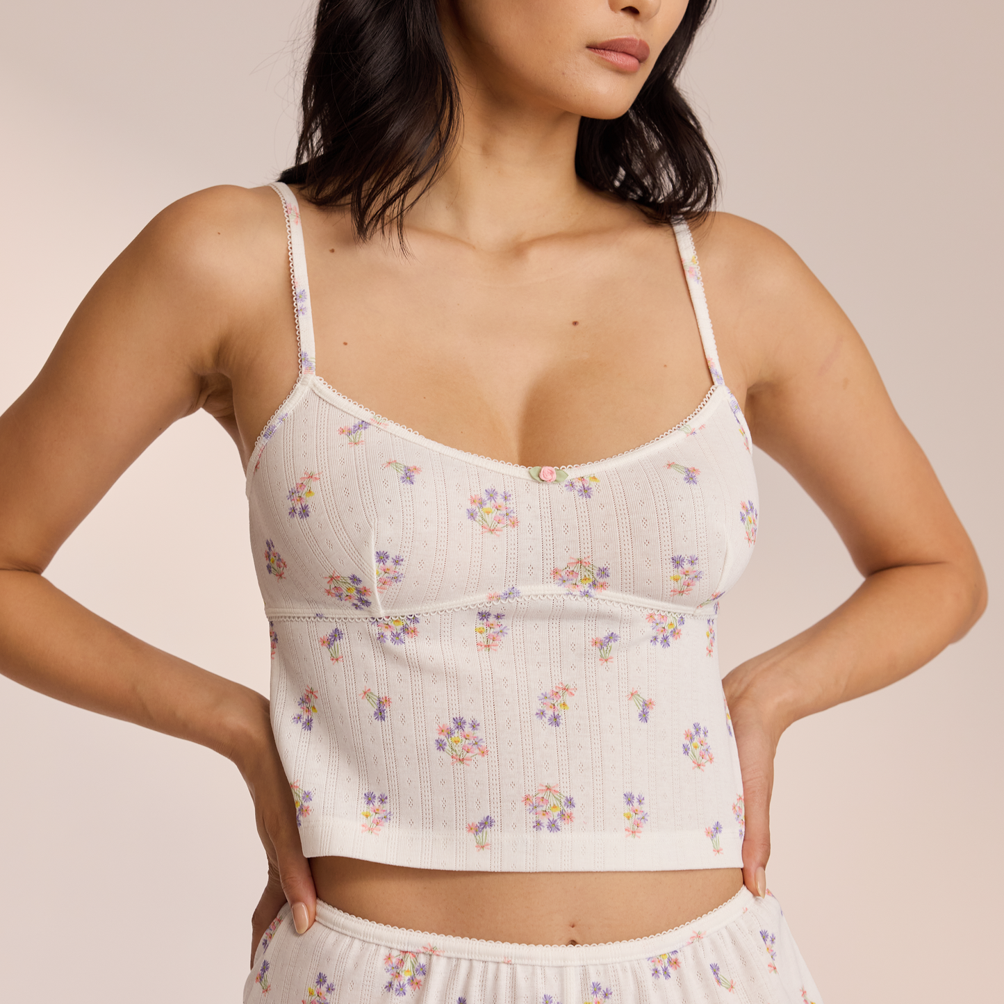 Pointelle Cami Pajama Top - White Floral