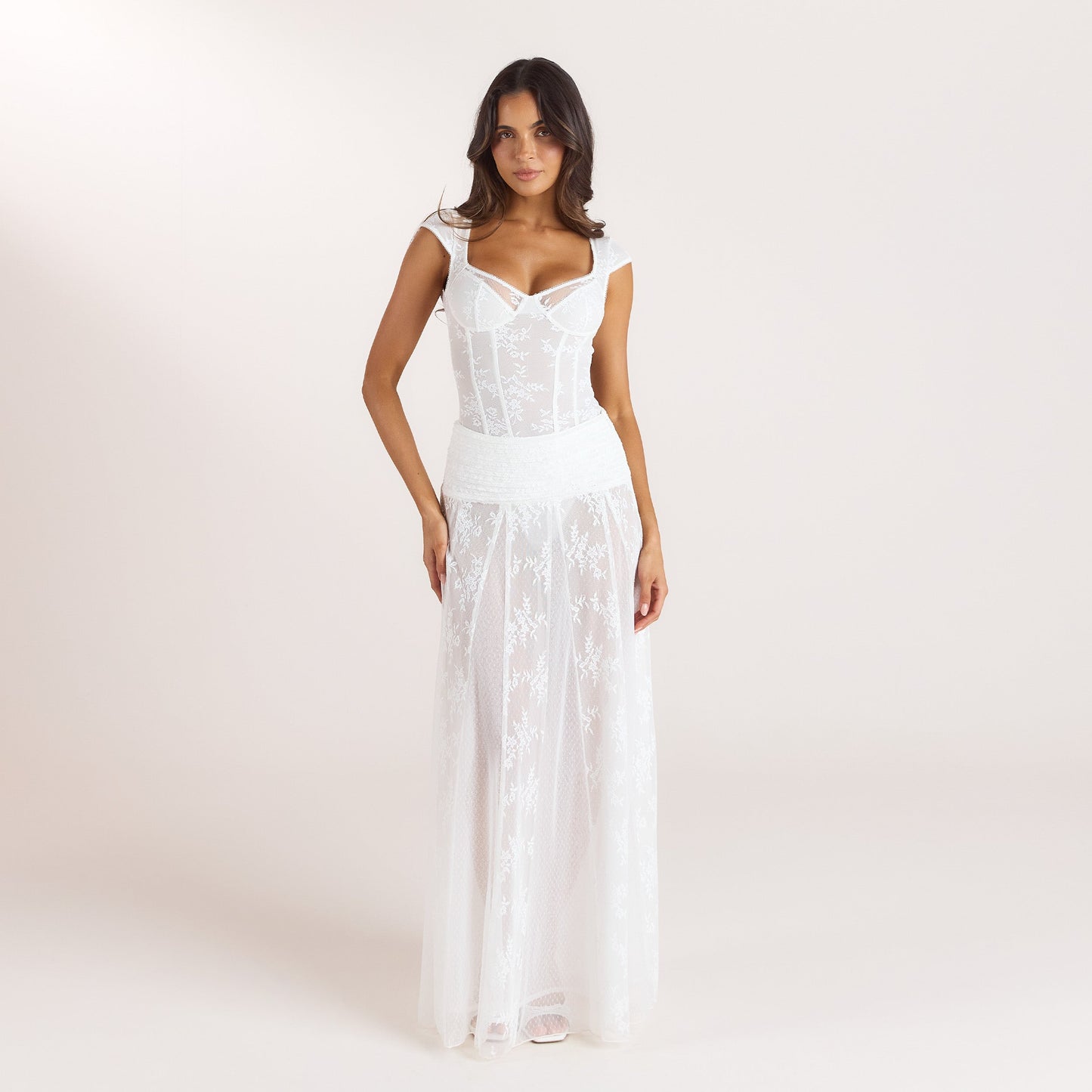 Cap-Sleeve Lace Bodysuit - White