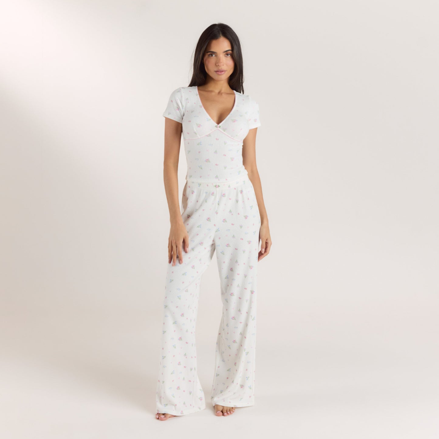 Ribbed Short-Sleeve Pajama Top - White Floral