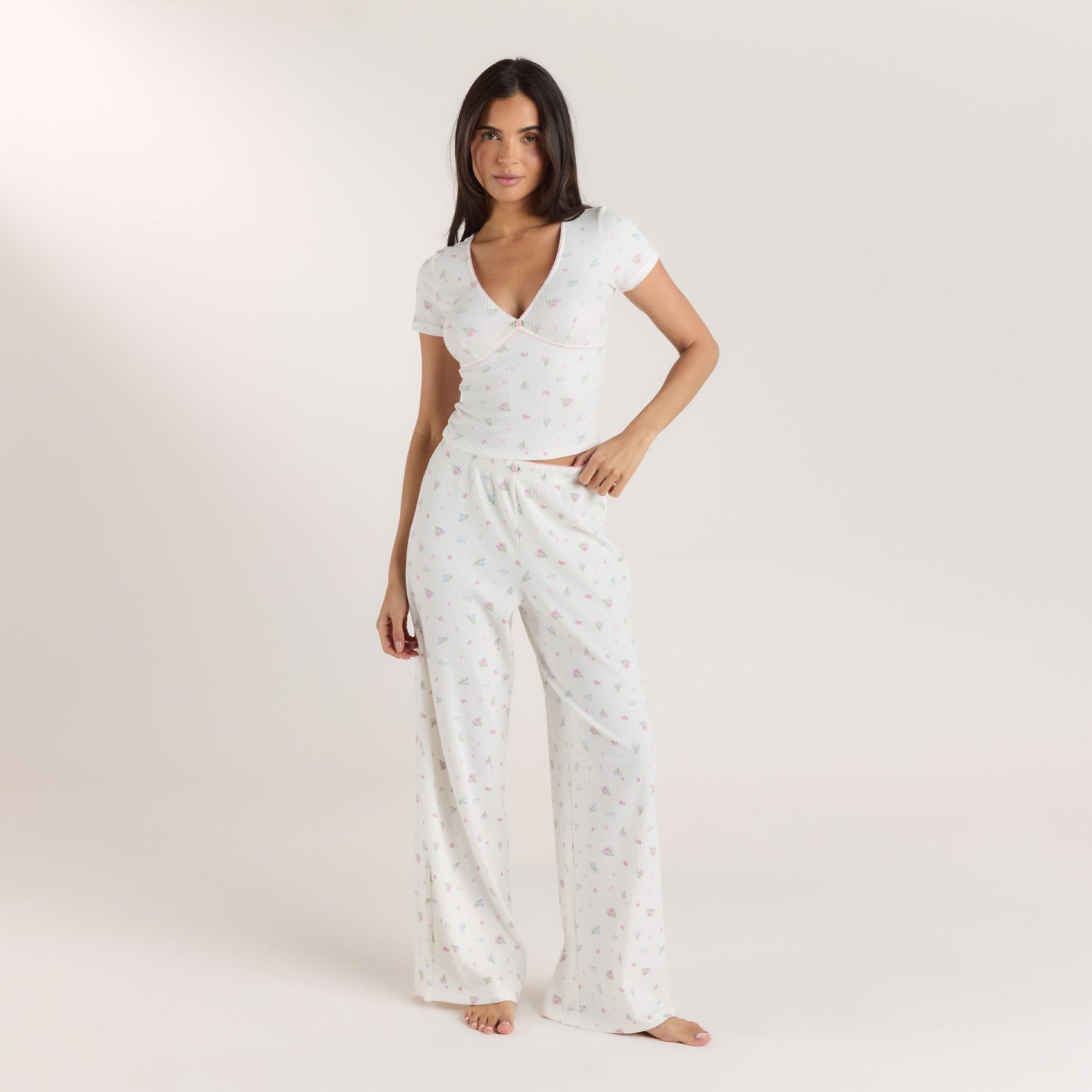 Ribbed Pajama Pants - White Floral