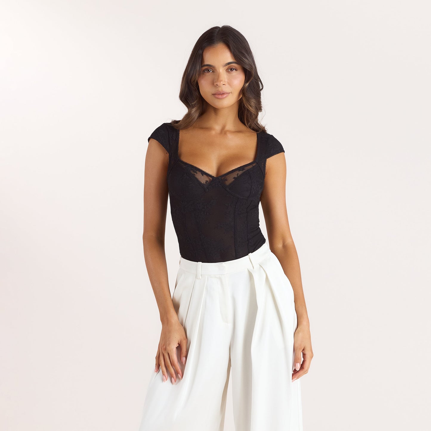 Cap-Sleeve Lace Bodysuit - Black
