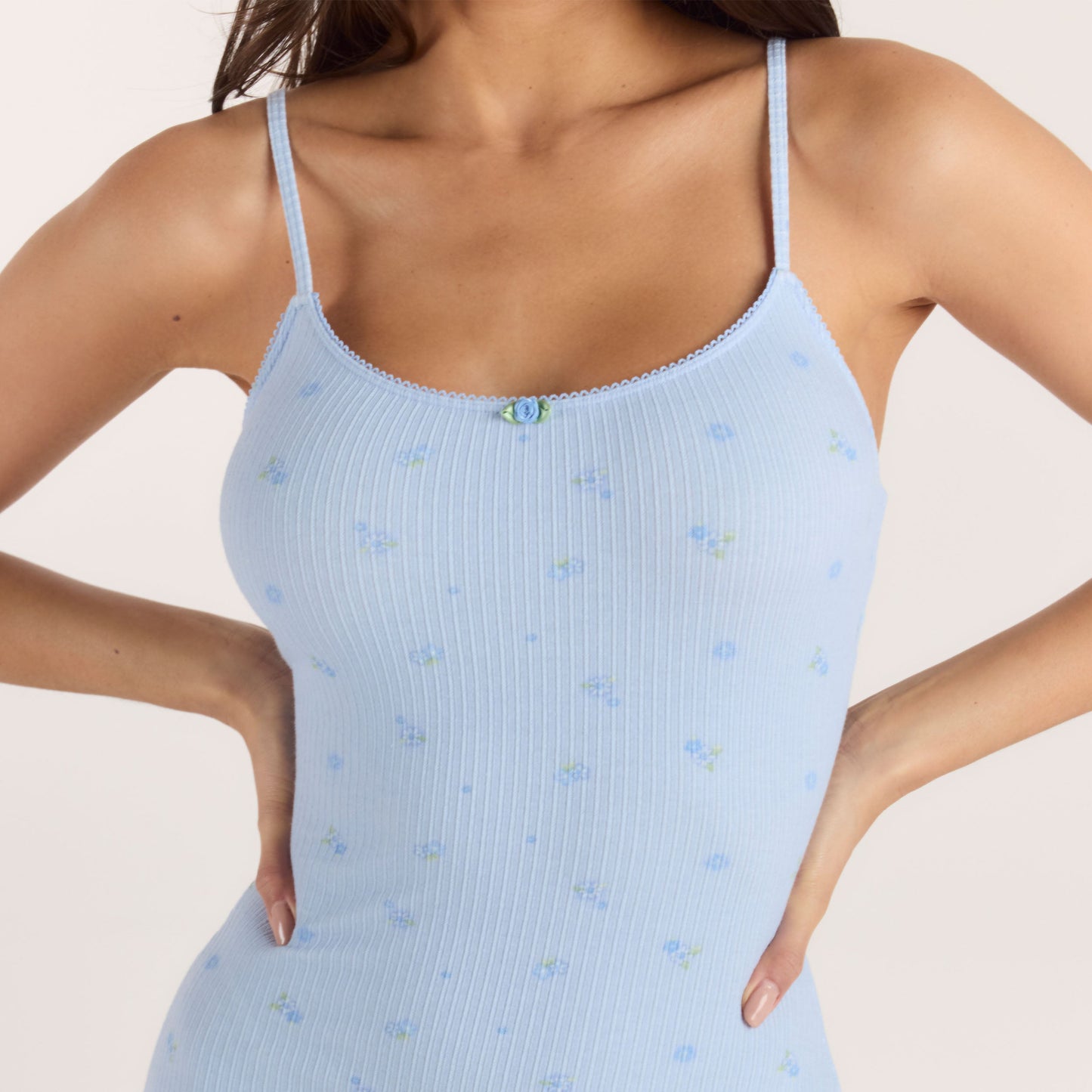 Ribbed Strappy Romper - Blue Floral