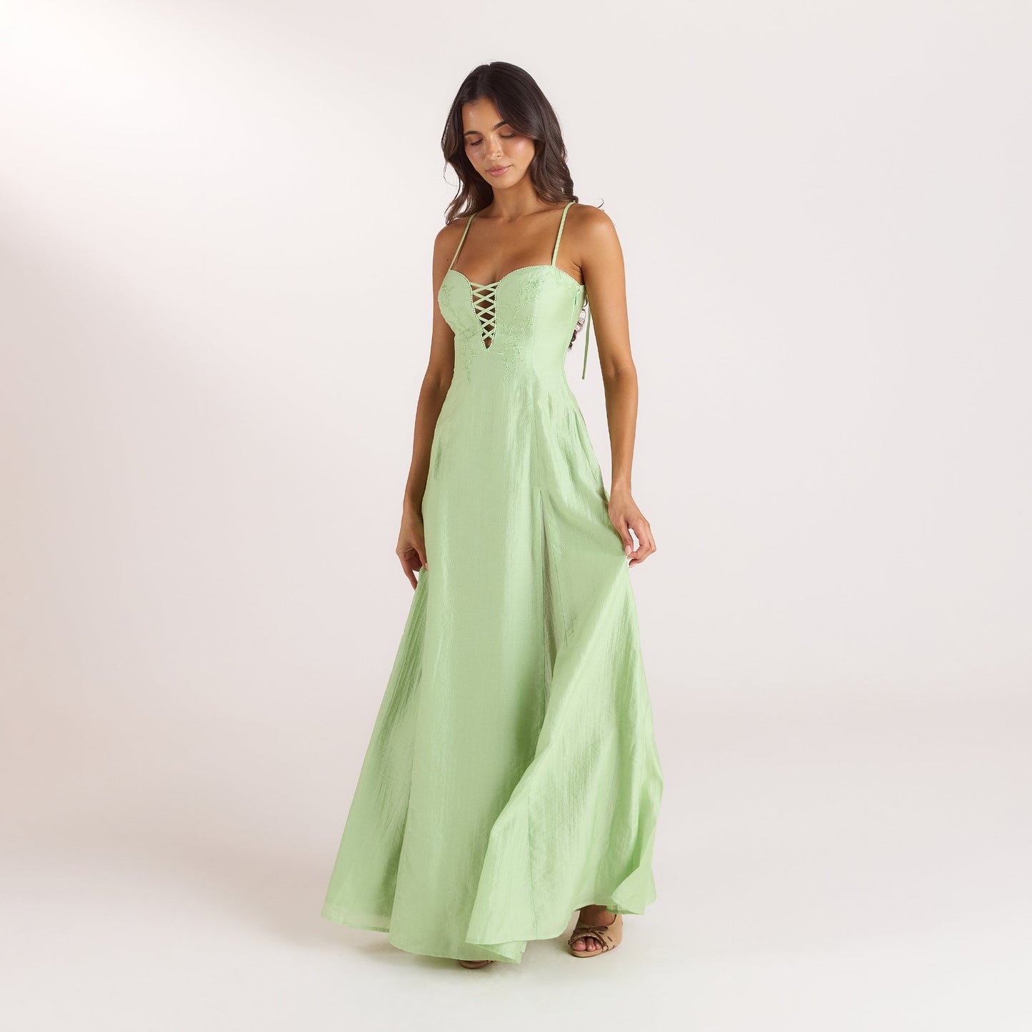 Embroidered Lace-Up Maxi Dress - Green