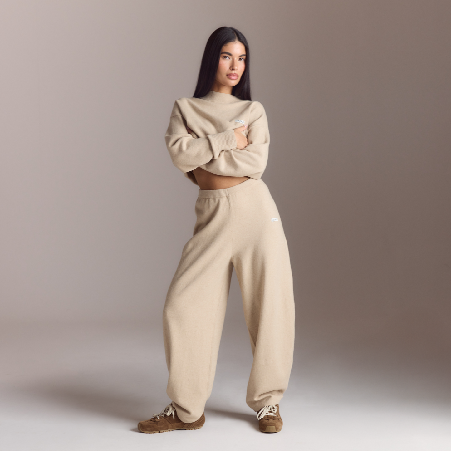 Barrel Leg Knitted Joggers - Oatmeal Marl