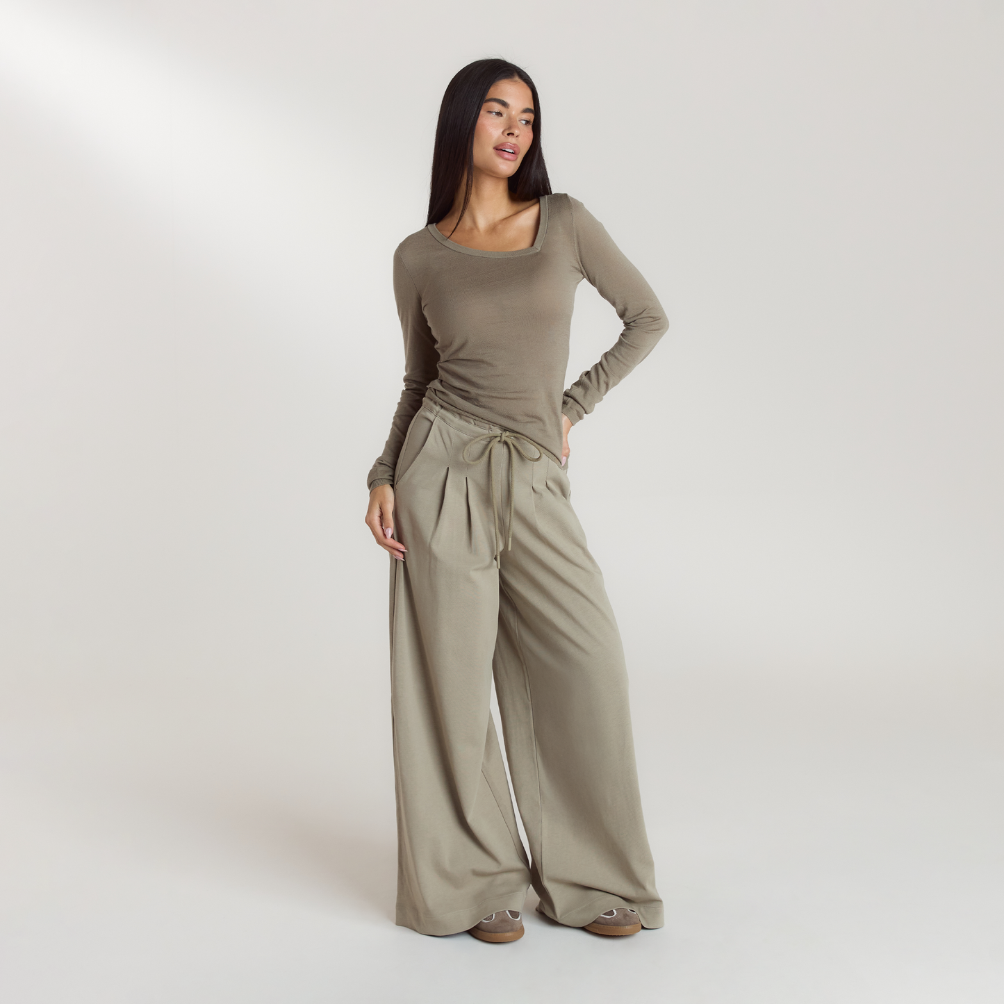 Pleated Wide Leg Trousers - Thyme