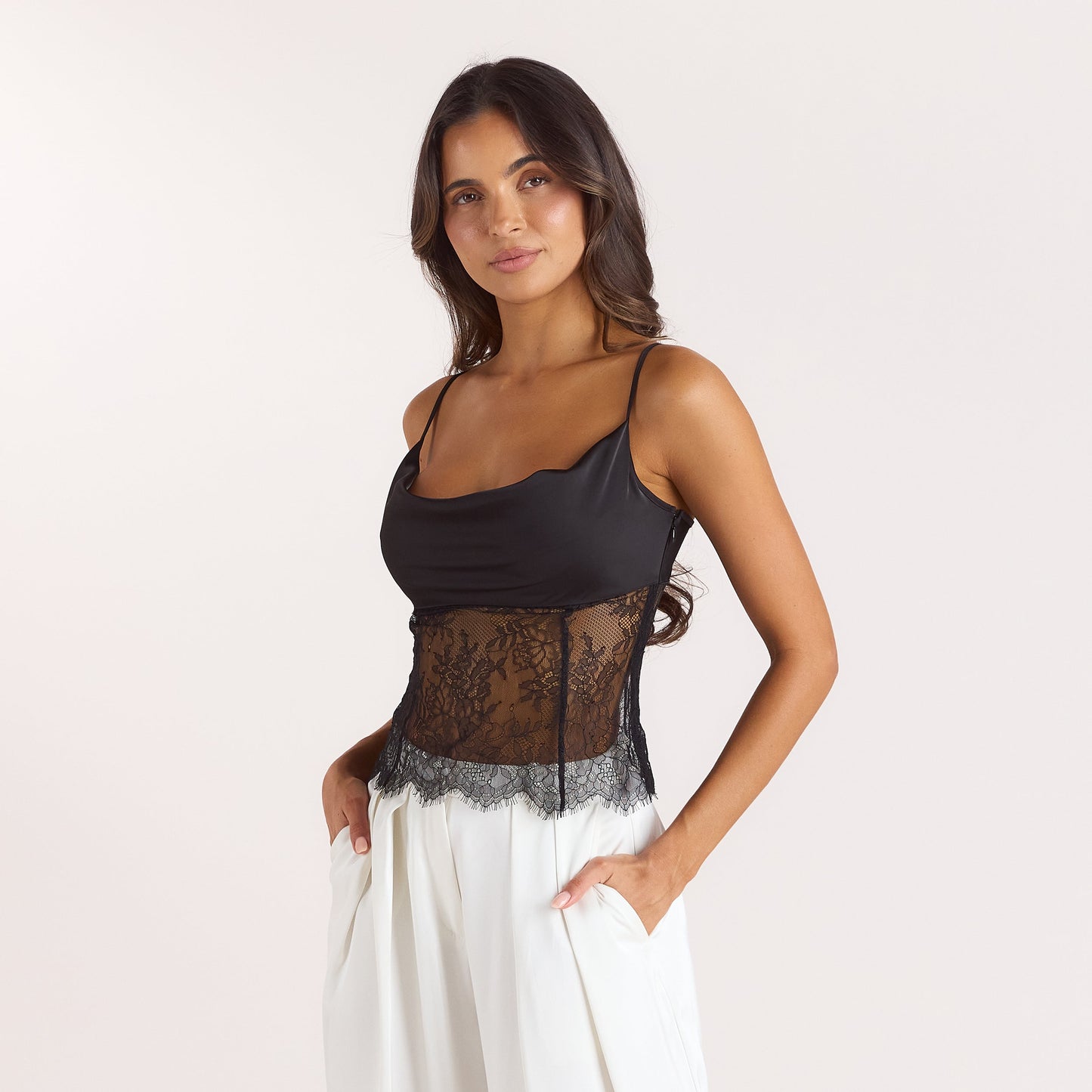 Satin Cowl-Neck Cami Top - Black