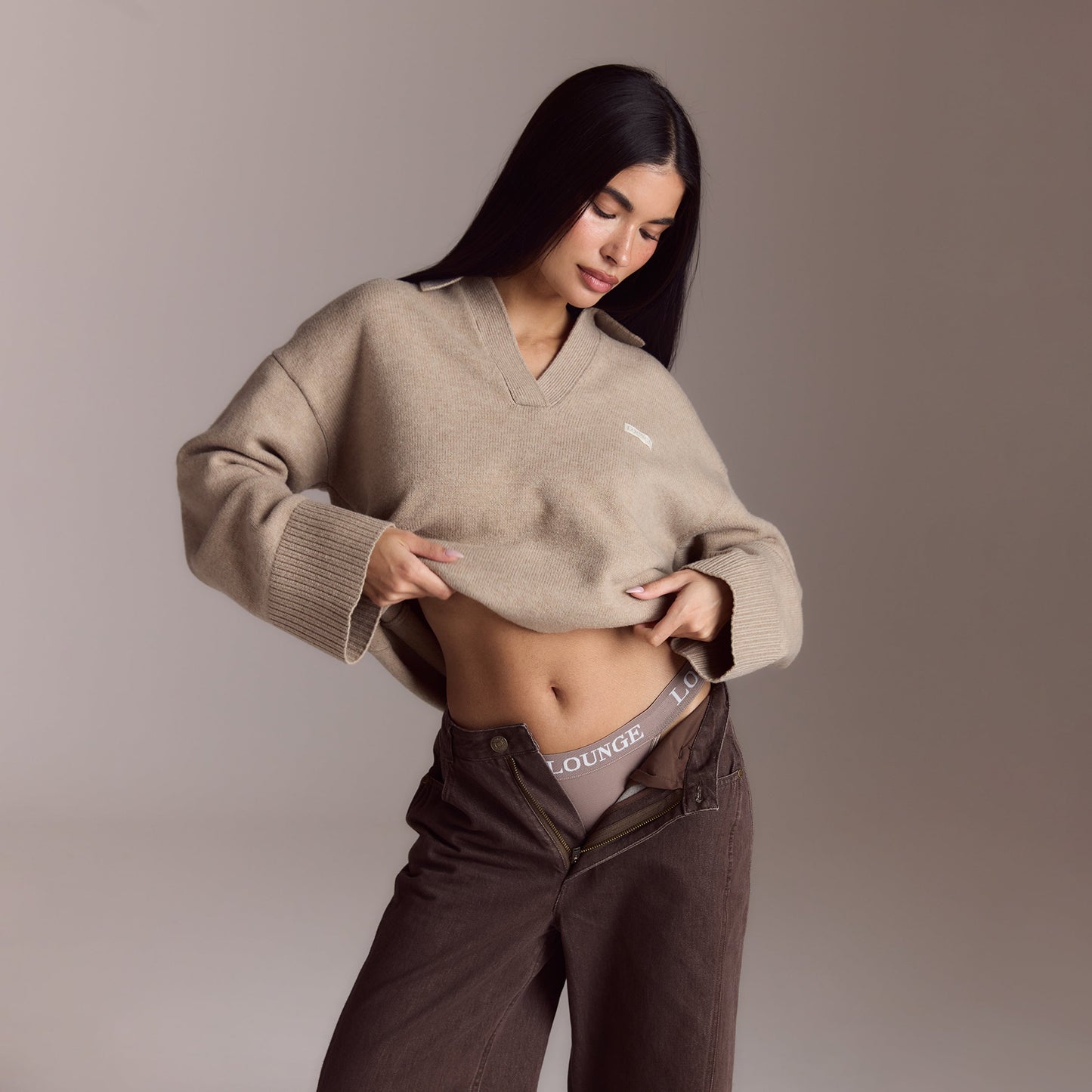 Half Placket Knitted Jumper - Mink