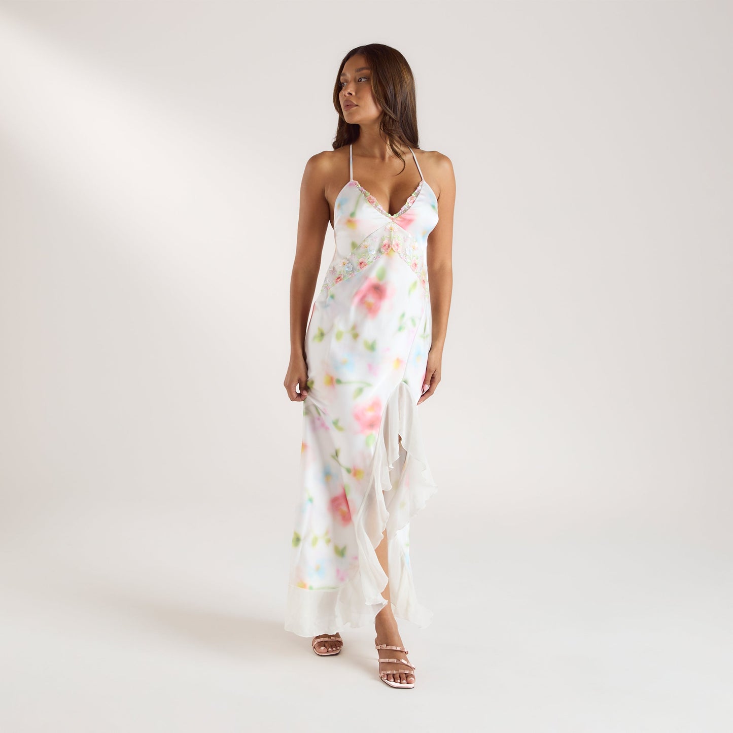 Aurora Printed Satin Maxi Dress - Floral Print