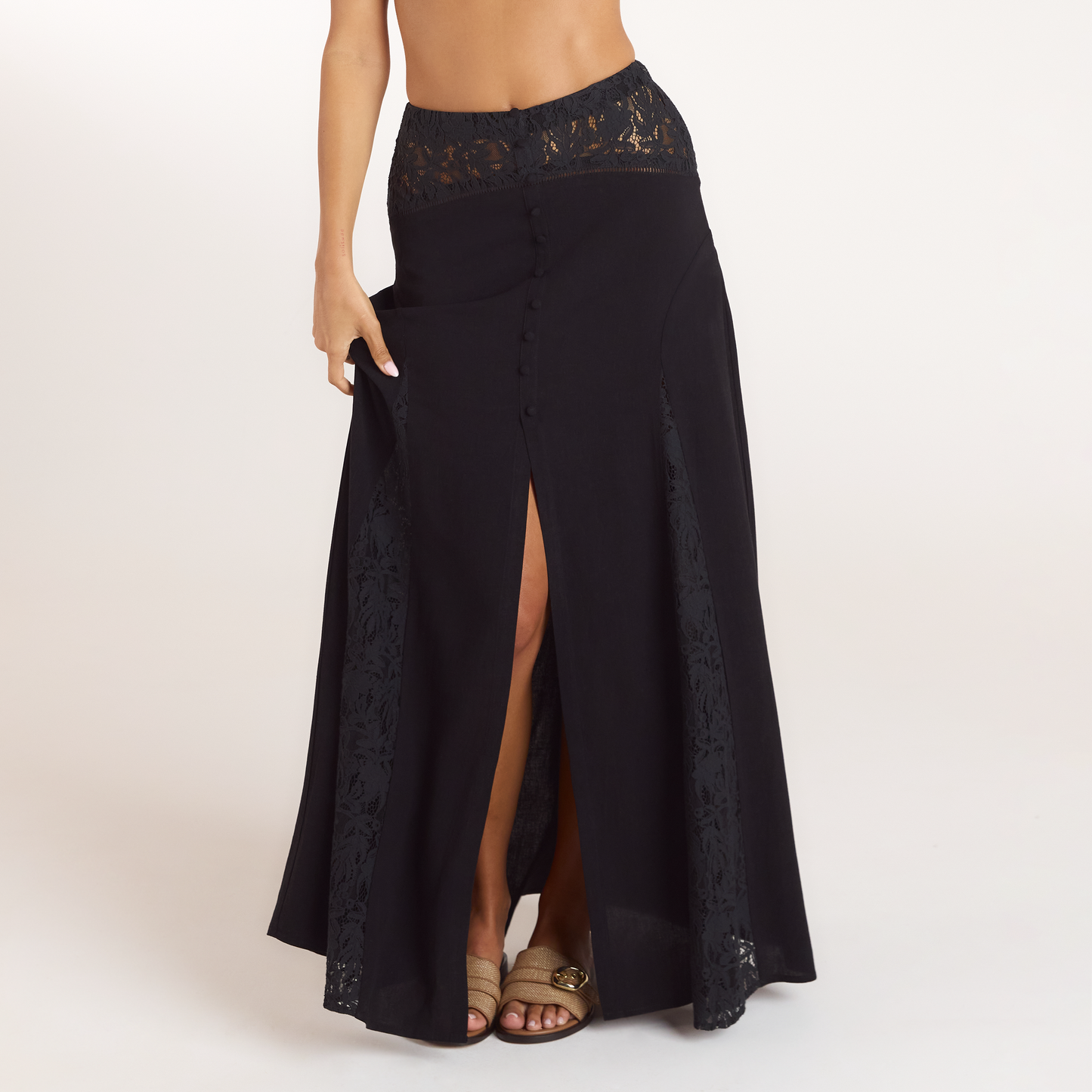 Lace Insert Maxi Skirt - Black