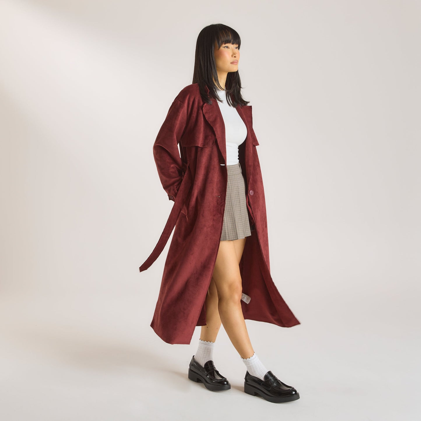 Suedette Trench Coat - Burgundy