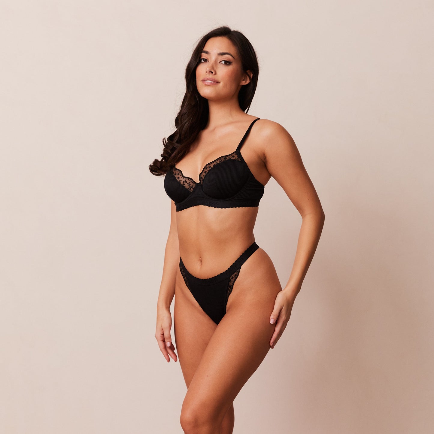 Ribbed Balcony Bra  - Black