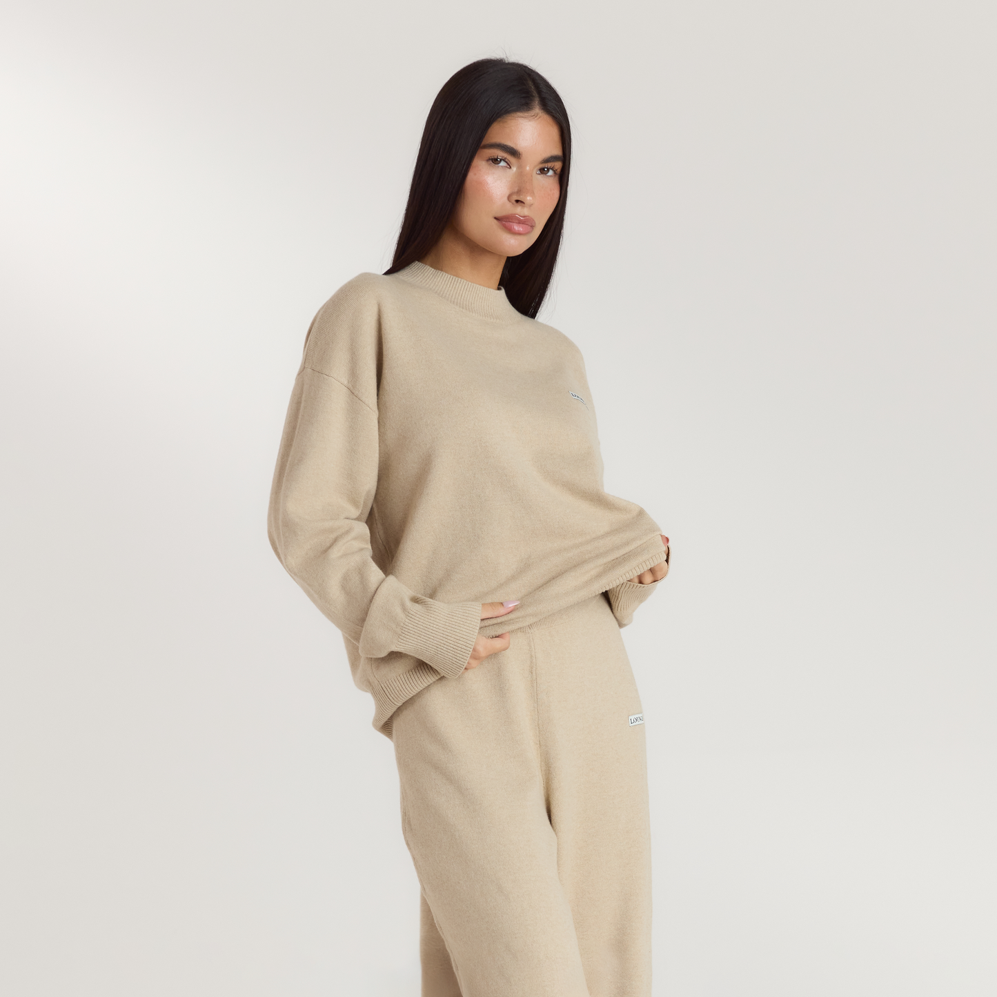 Cuffed Crew Neck Knitted Jumper - Oatmeal Marl