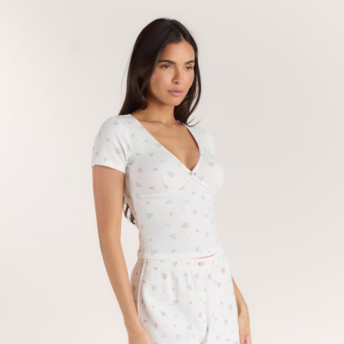 Ribbed Short-Sleeve Pajama Top - White Floral