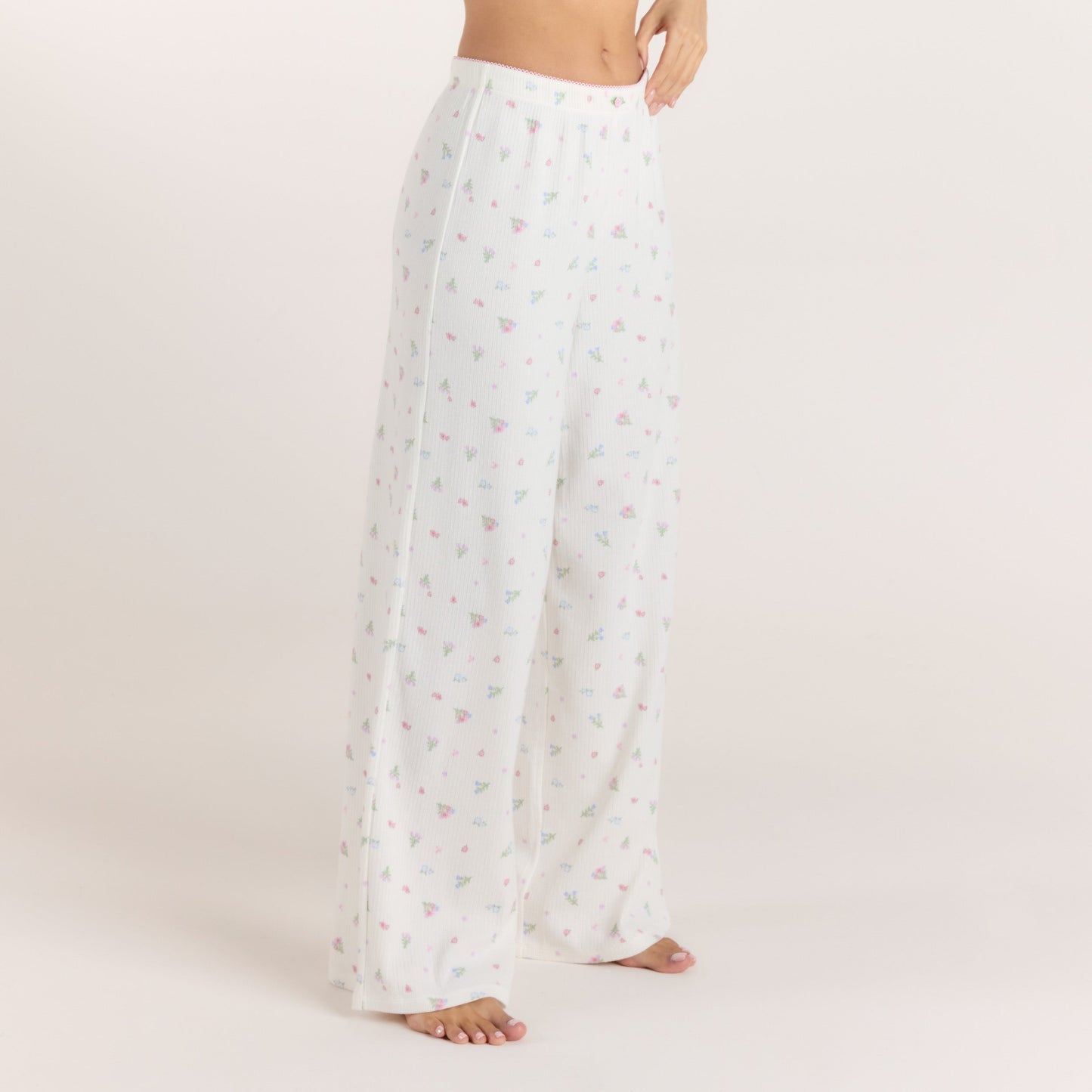 Ribbed Pajama Pants - White Floral