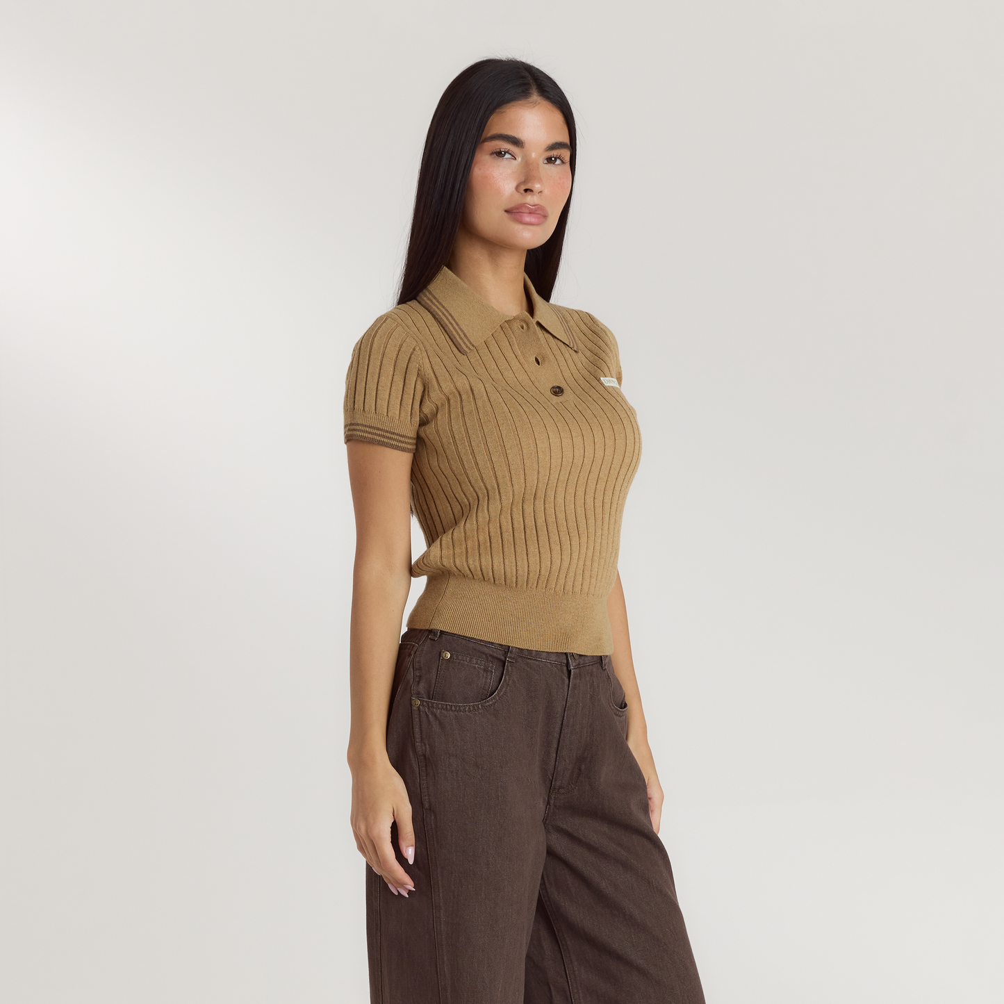 Knitted Polo Top - Tan