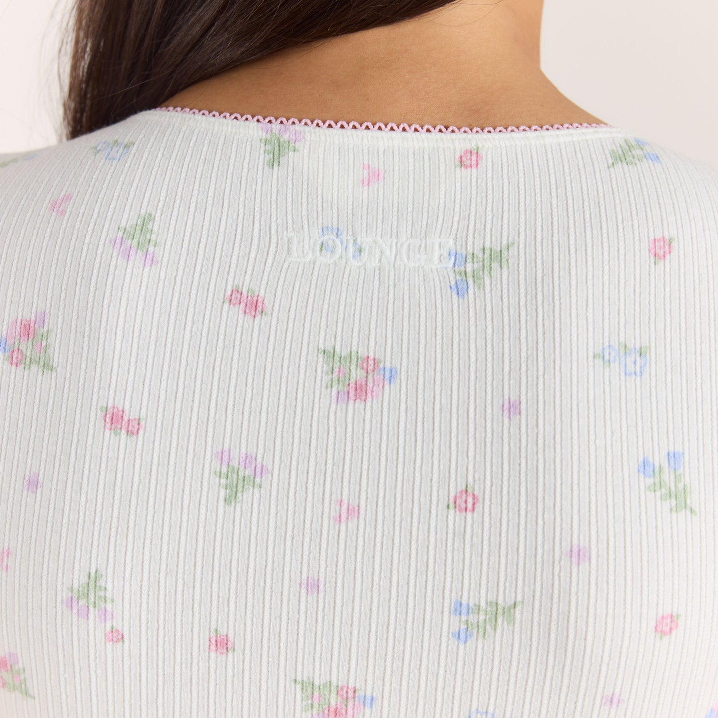 Ribbed Short-Sleeve Pajama Top - White Floral