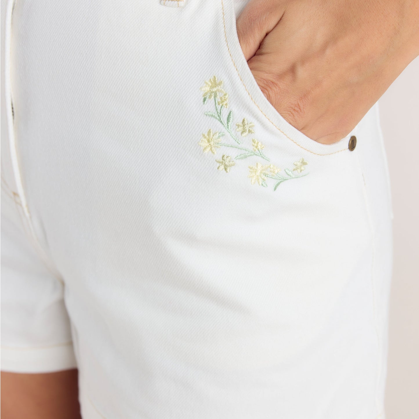 Embroidered Denim Shorts - White